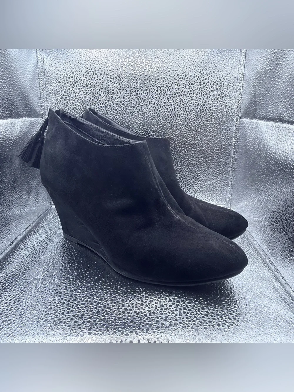 CL by Laundry Black Suede Wedge Ankle Booties with Tassel Zip
